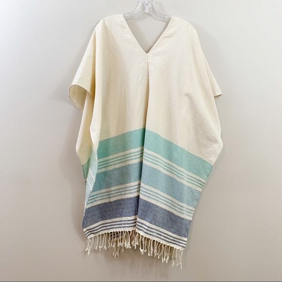 Tribe Alive Fringe Trim V-Neck Striped Cream/Blue Blanket Poncho - Picture 4 of 4